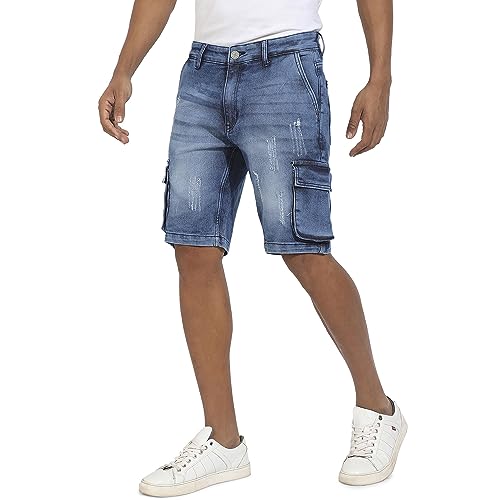 Campus Sutra MenS Blue Distressed Cargo Denim Shorts For Casual Wear | Medium-Wash Button Closure | Denim Denim Shorts Crafted
