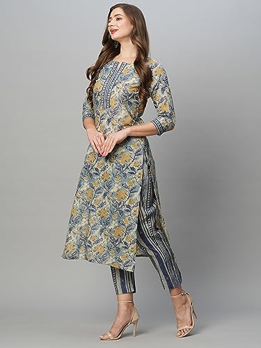 ANNI DESIGNER Women's Cotton Blend Straight Printed Kurta with Pant Set (Prachi Blue_L_Blue_Large)