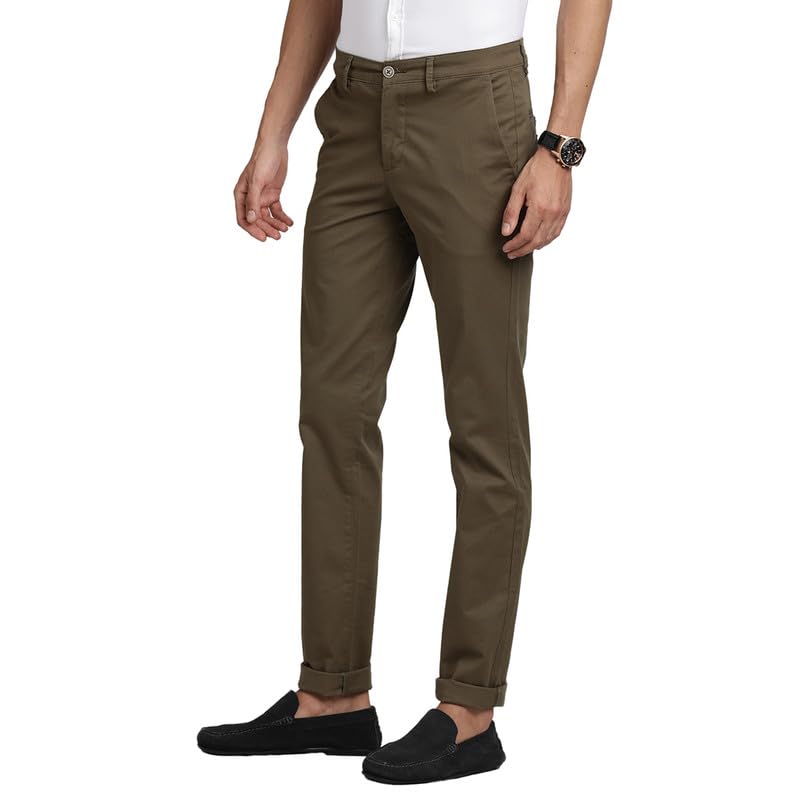 Turtle Men Cotton Stretch Olive Solid Ultra Slim Fit Casual Trouserss