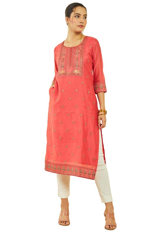 Soch Womens Chanderi EmbroideScoop-Neck Straight Kurta with Pocket