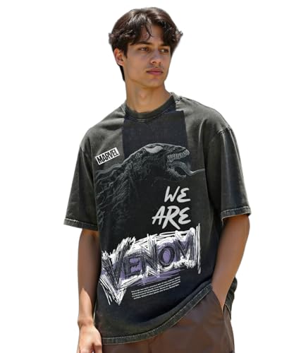 Bewakoof Official Marvel Merchandise Venom MenS Graphic Print Oversized Fit Half Sleeve Round Neck Cotton Acid Wash T-Shirt_6523