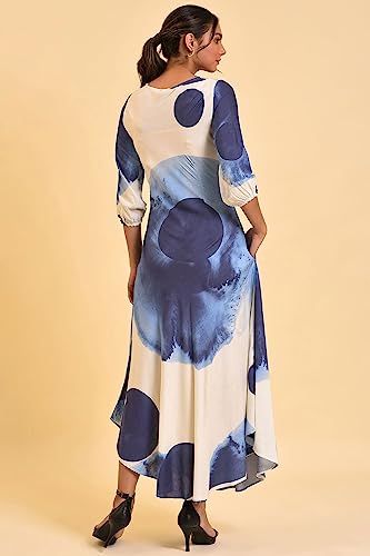 W For Woman WomenS Rayon Ecru Flared Dress With Bold Blue Prints Ankle Length 23Few18772-120813