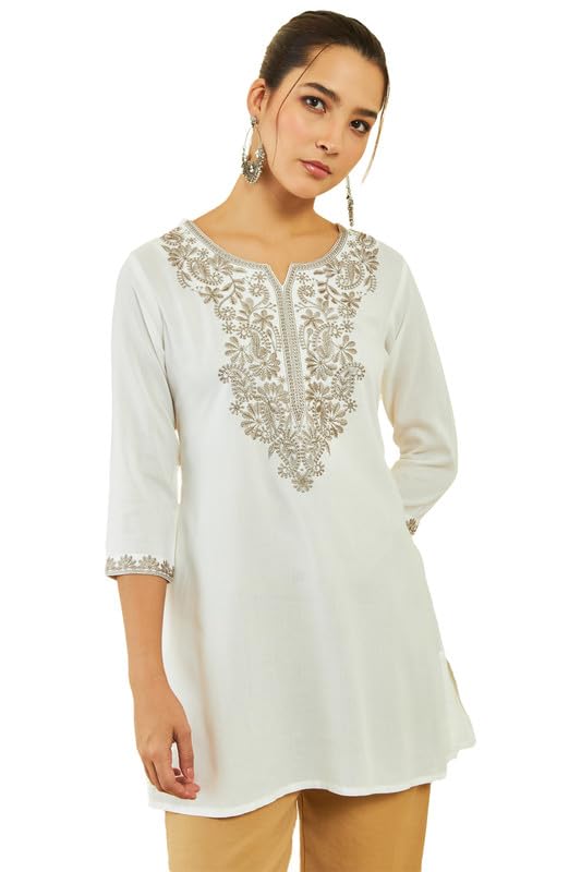 Soch Womens Off White Rayon Paisley Embroidered A-Line Tunic with Vented Hemline