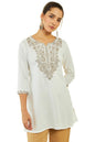 Soch Womens Off White Rayon Paisley Embroidered A-Line Tunic with Vented Hemline