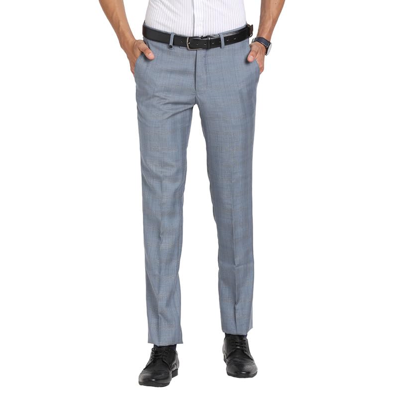 Turtle Men Terry Rayon Grey Check Slim Fit Formal Trouser