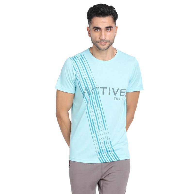 Turtle Men Aqua Blue Slim Fit Crew Neck Printed Tshirt