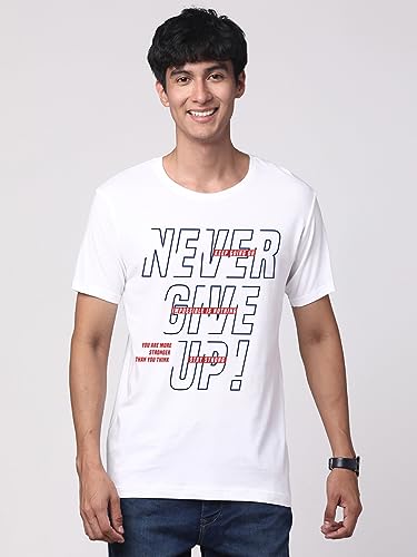ADRO Never Give Up Printed T-Shirt for Men - 100% Cotton, Regular Fit, Soft Breathable Fabric. (RN23-M-NVR-WH_White)