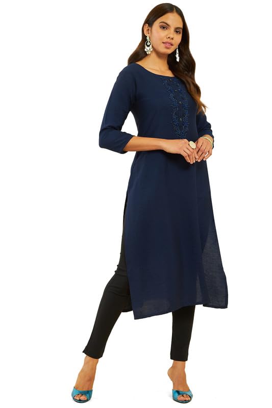 Soch Womens Navy Blue Viscose Blend Cutdana Embroidered Round-Neck Straight Kurta