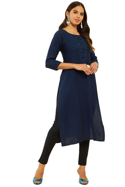 Soch Womens Navy Blue Viscose Blend Cutdana Embroidered Round-Neck Straight Kurta