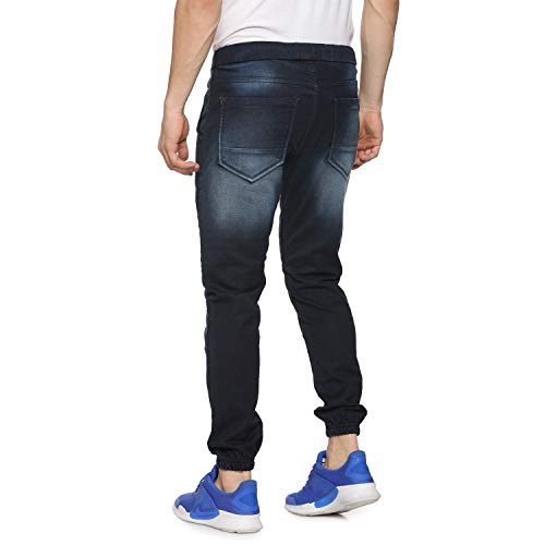 Campus Sutra MenS Classic Blue Dark-Washed Regular Fit Denim Jeans With Drawstring Premium Stretchable Cotton Mid-Rise Crafted W