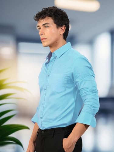 Pinkmint Mens Regular Fit Soft Cotton Blend Casual Combo Shirt with Pocket Design & Spread Collar Full Sleeves Formal Shirt Aqu