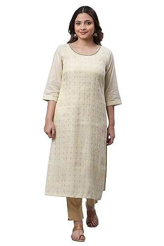 Aurelia Women's Off White Geometric Embroidered Cotton Blend Straight Kurta