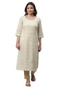 Aurelia Women's Off White Geometric Embroidered Cotton Blend Straight Kurta