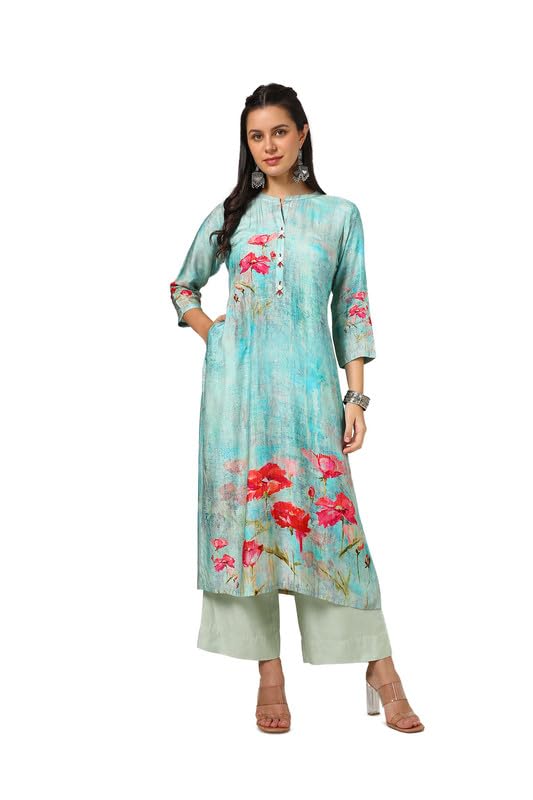 Soch Womens Turquoise Blue Viscose Muslin Floral Print Kurta With Beads