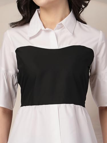Style Quotient Women Color Block White and Black Regular Fit Semi Formal Polycotton Top