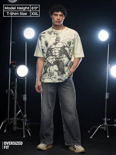 The Souled Store Hulk: Smashin Sketch 6.2 Men and Boys Short Sleeves Round Neck Off White Graphic Printed Cotton Oversized T-Sh