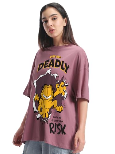 Bewakoof Official Garfield Merchandise WomenS Graphic Printed Oversized Fit Half Sleeve Round Neck Cotton Jersey T-Shirt_662050_