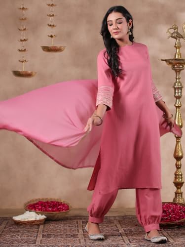 anubhutee Women's Coral Solid Cotton Blend Straight Kurta with Salwar & Dupatta