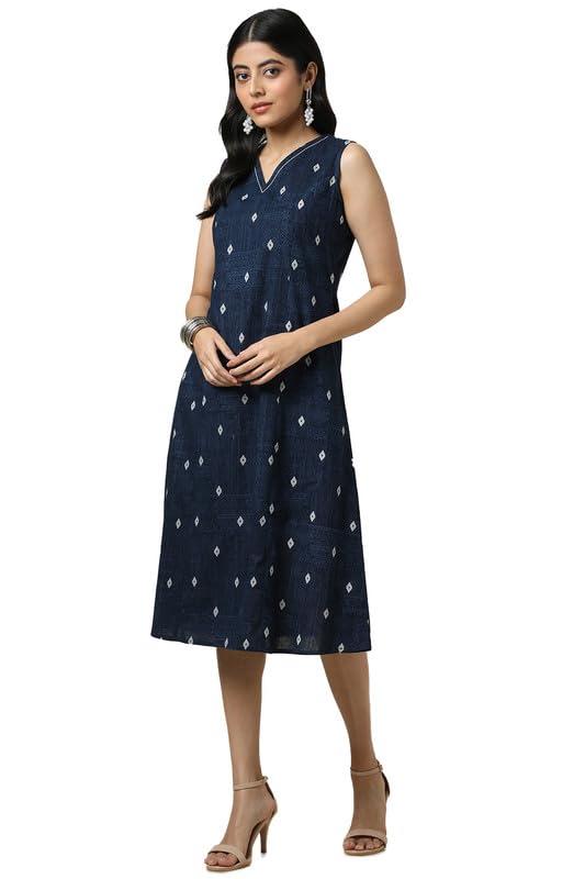 Soch Womens Indigo Cotton Slub Geometric Print Dress