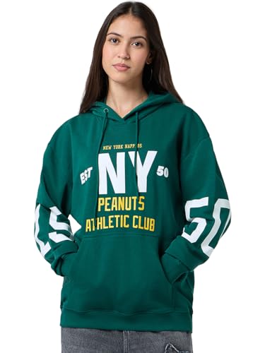 Bewakoof Official Peanuts Merchandise WomenS Typography Oversized Fit Full Sleeve Hooded Cotton Blend Hoodies_682785_Green_2Xl