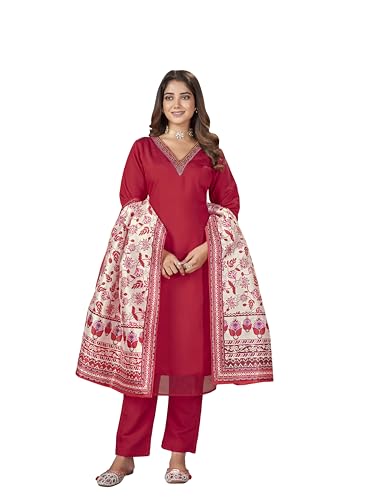 Stylum WomenS Red Solid & Embroidered Silk Straight Kurta Pant Dupatta Set
