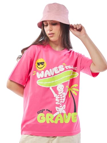 Bewakoof Heavy Duty 1.0 Womens Graphic Printed Oversized Fit Half Sleeve Round Neck Terry T-Shirt_637084_Pink_2XL