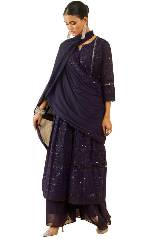 Soch Womens Purple Georgette All-Over Embroidered Palazzo Suit Set With Dupatta