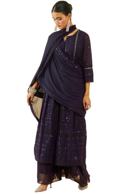 Soch Womens Purple Georgette All-Over Embroidered Palazzo Suit Set With Dupatta