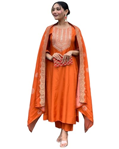 GoSriKi Womens Rayon Blend Embroidered Straight Kurta with Pant & Dupatta (PUNEETA Orange-GS_L_Orange_Large)