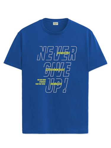 ADRO Never Give Up Printed T-Shirt for Men - 100% Cotton, Regular Fit, Soft Breathable Fabric | RN23-M-NVR-RB-XL Royal Blue