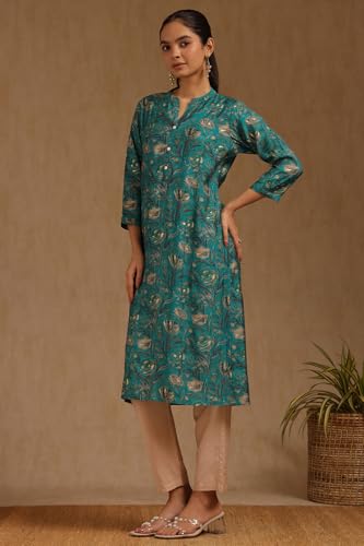 Soch Womens Teal Muslin Floral Print Kurta