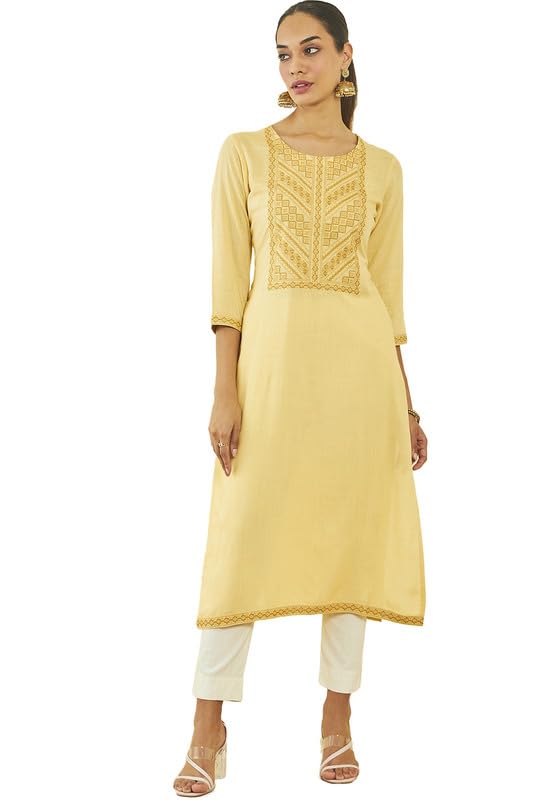 Soch Womens Light Yellow Rayon Slub Embroidered Kurta with Thread Work