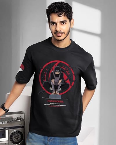 Bewakoof Official Naruto Merchandise Itachi Uchiha Mens Graphic Printed Oversized Fit Half Sleeve Round Neck Cotton Jersey T-Sh
