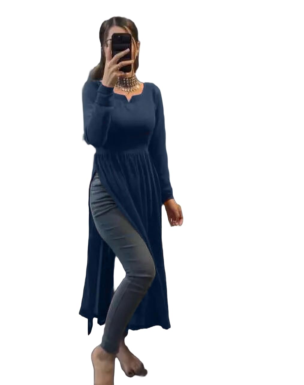 Fashion2Wear WomenS Georgette Kurta With Full Sleeves Notch Neck Knee Length Solid Pattern A Line Style And Regular Fit Rama
