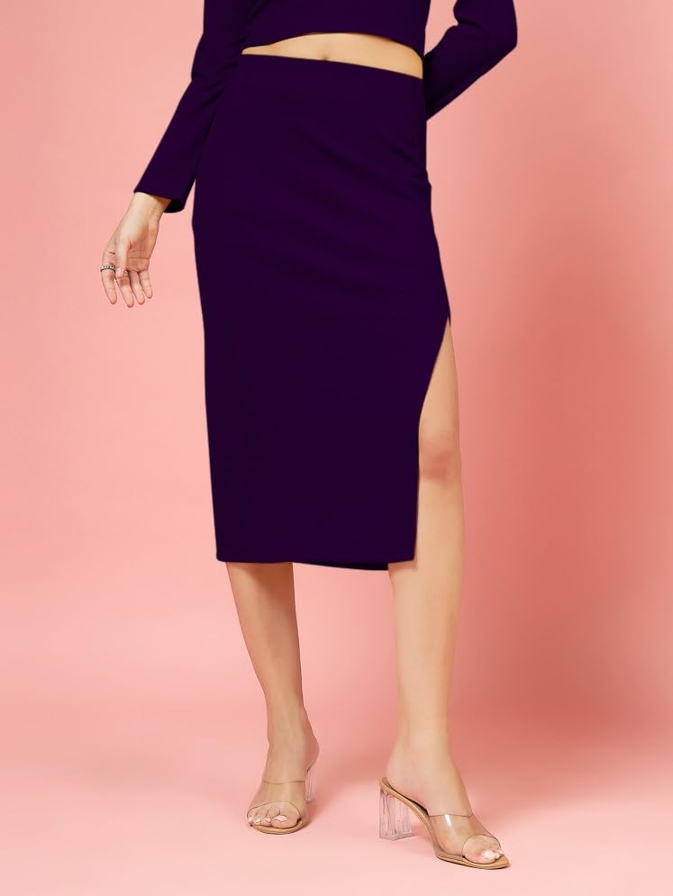 OOMPH! Ribbed Lycra Pencil Skirt with Side Slit for Women Purple - msk121