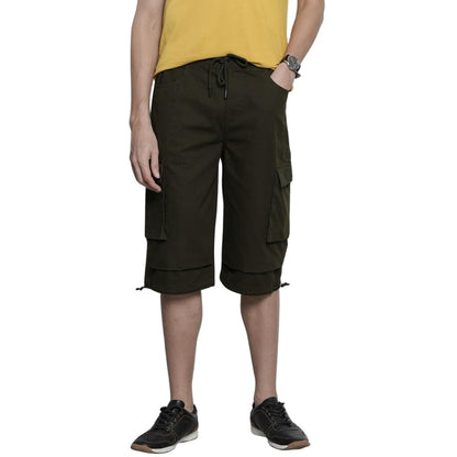 The Indian Garage Co Men Relaxed Fit Solid Mid-Rise Cargo Bermuda Shorts Dark Olive