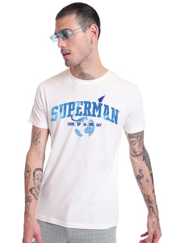 Bewakoof Official DC Merchandise Superman Mens Graphic Print Regular Fit Half Sleeve Round Neck Pure Cotton T-Shirt_681644_Whit