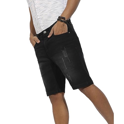 Campus Sutra MenS Black Distressed Denim Shorts For Casual Wear | Dark-Wash | Regular Fit | Button Closure | Denim Shorts Craft