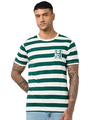 Bewakoof Official Marvel Merchandise Hulk MenS Striped Regular Fit Half Sleeve Round Neck Cotton T-Shirt_685361_Green_M