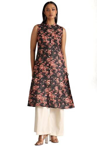 Soch Womens Black Linen Floral Print Kurta with Thread Work