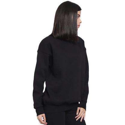 Bewakoof Heavy Duty 1.0 Womens Solid Oversized Fit Full Sleeve Round Neck Fleece Sweatshirt Black