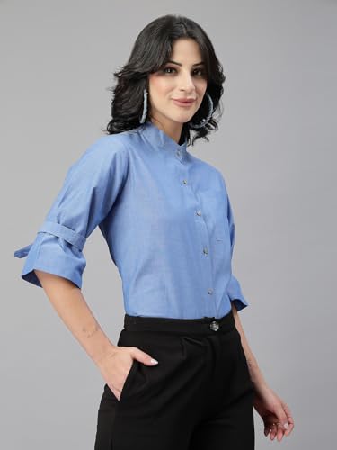 Style Quotient Women Solid Blue Chambray Cotton Formal Shirt