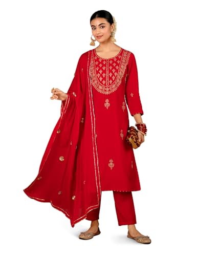 Kaari Roman Silk Womens Kurta Set (KAAAW24WSKD-70019_Bridal Red_XL)