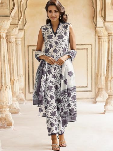 Shienzy WomenS Printed Cotton Blend Sleeveless V-Neck Kurta Pant Dupatta Set || Stylish Indo-Western Kurti For Wedding, Festive
