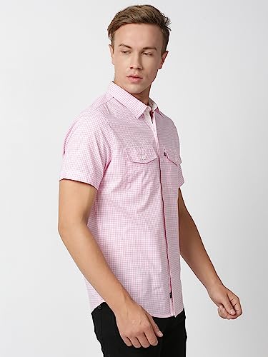 Thomas Scott Mens Checkered Slim Fit 100% Cotton Casual Shirt with Half Sleeve Pink