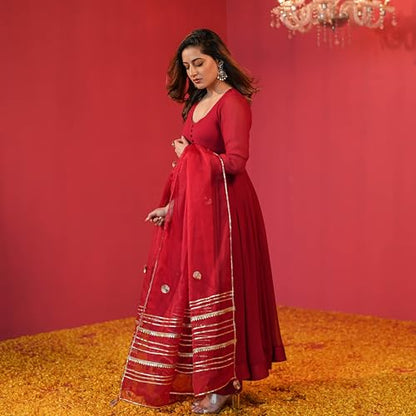 GoSriKi Women's Anarkali Kurta Set with Pants & Dupatta, Rayon Blend, Size 46, Red, Model JAYNTI RED-GS