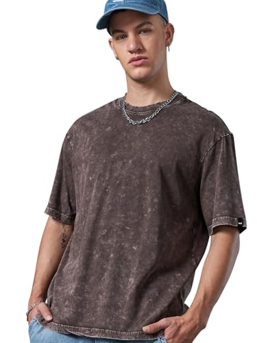 Bewakoof Mens Self Design Oversized Fit Half Sleeve Round Neck Cotton Jersey Acid Wash T-Shirt_624633_Brown_M