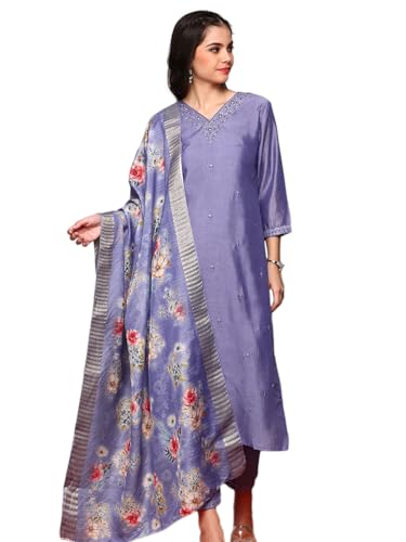 Ishin Floral Embroidered V-Neck Three-Quarter Sleeves Kurta With Trousers & With Dupatta | Kurta Set For Women | Kurta With Trou