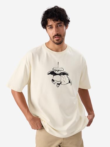 The Souled Store Official Kung Fu Panda: Back Off Men And Boys Short Sleeve Round Neck Off White Graphic Printed Cotton Oversize