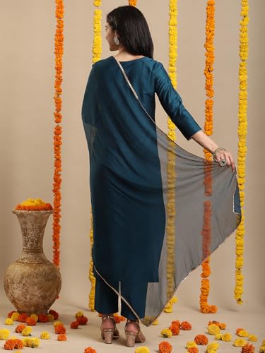 GoSriKi Ladies Straight Kurta Set with Pants & Dupatta, Dark Blue, XL, Model SIKAND CEROSIN-GS